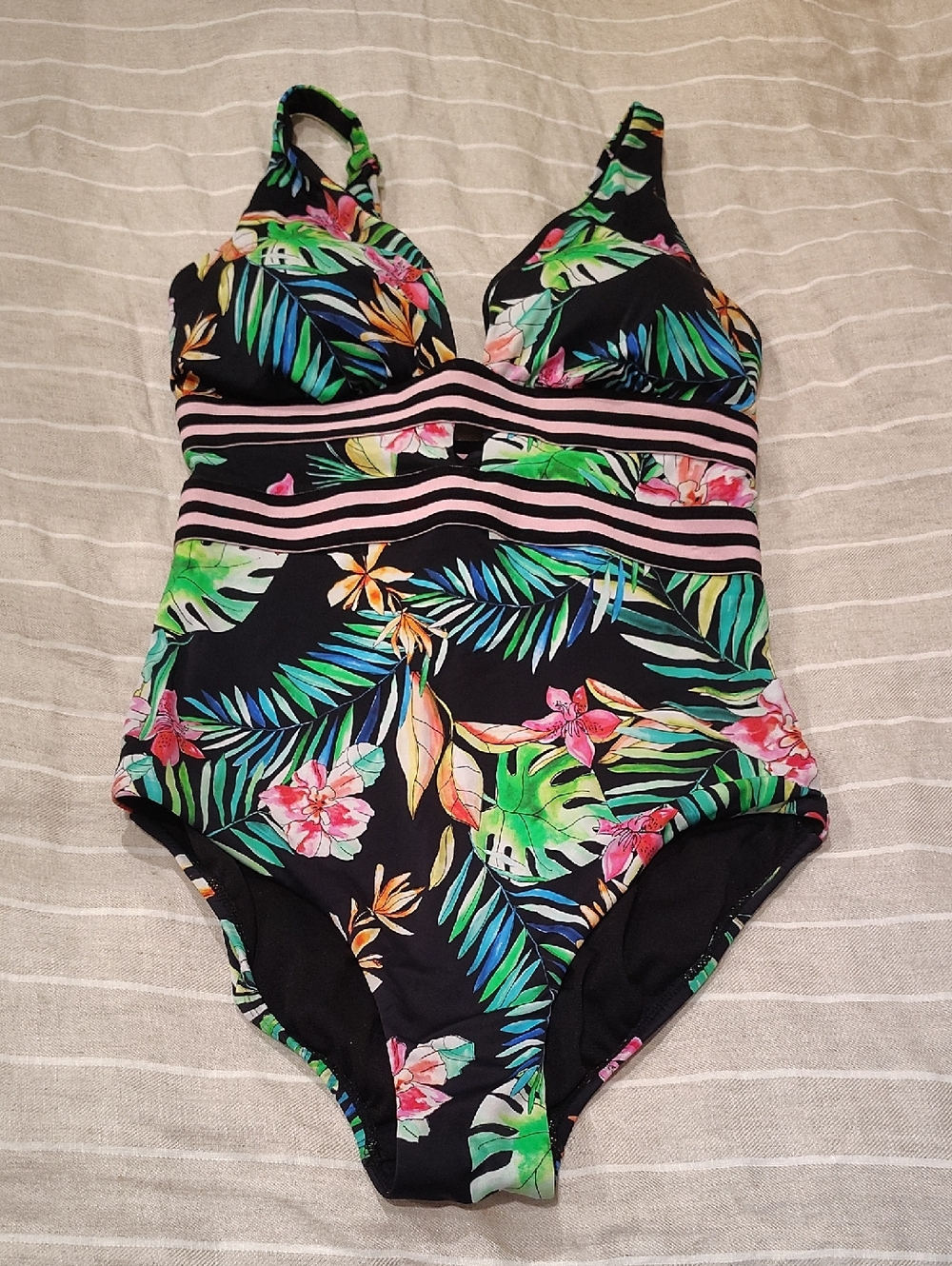 Swimsuits For All Black Tropical Floral One-Piece with Pink Stripes